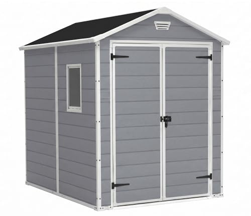 FRANKYSTAR® Manor 6x8 - Casetta da Giardino 185,80x227x236,80 cm 2 Ante per deposito attrezzi finitura effetto legno graffiato in Resina Grigio