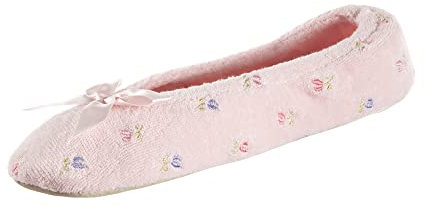 isotoner Femme Embroidered Plush Terry Ballerina Slippers Mule, Nœud Souple Rose, 37 EU