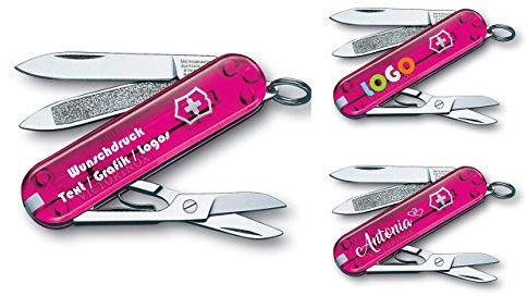 Victorinox Couteau de Poche Classique SD avec Demande Impression sur Coque I Cadeau pour Hommes Femmes I Cadeaux pour Anniversaire I Suisse Personnalisé 7 Fonctions 0.6223 - Rose