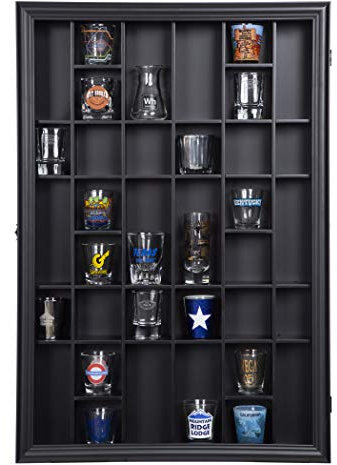 Gallery Solutions - Black Wall-Mounted - Curio & Shot Glass Display Case - 17x26 Glass Door - Bar Accessories - Collectible - Miniature Glassware - Bar Accessories