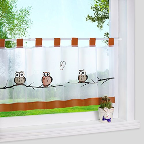 Yujiao Mao Eule bestickte Scheibengardine aus Voile mit Schlaufen Küche Gardinen Kurzstores Transparent H45xB120cm 1 Stück