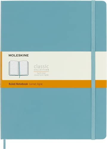 Moleskine Klassisches Notizbuch, Liniertes Notizbuch, Hardcover und Elastischer Verschluss, Größe XL 19 x 25 cm, Farbe Türkisblaues Riff, 192 Seiten