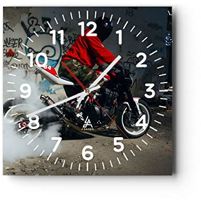 Modern Wanduhr Motorrad motorradfahrer graffiti 40x40cm Quadrat Groß Wand Uhr Glas Analog Zimmeruhren Küche Büro Wohnzimmer Glasuhr Wall Clock Dekoration Design Wanddekoration Küchenuhr C4AC40x40-2265