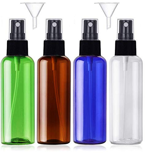 JamHooDirect 4PCS,100ml Empty Plastic Spray Bottle Fine Mist Travel Atomiser Set with 2 Funnels, Refillable Travel Size Bottle Toiletries Liquid Containers for Cosmetic Make-up (4 Colours)