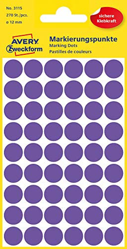 AVERY Zweckform 3115 Selbstklebende Markierungspunkte, Violett (Ø 12 mm; 270 Klebepunkte auf 5 Bogen; Runde Aufkleber für Kalender, Planer und zum Basteln) Papier, matt