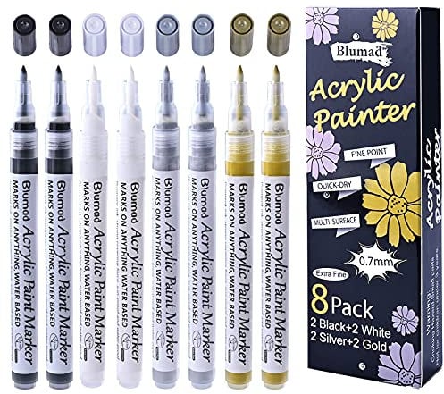Blumad Black White Gold Silver Acrylic Paint Pens, 0.7mm Permanent Marker Pens Waterproof for Rock Stones Ceramic Wood Metal Paper Glass Fabrics DIY 8 Pack