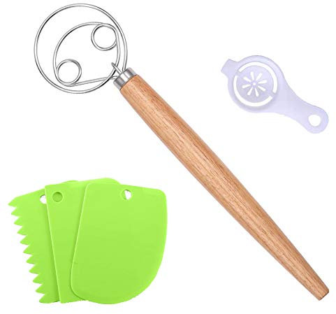 Danish Dough Whisk Large Hand Mixer, Axpdefi 13 Stainless Steel & Wooden Danish Whisks - Dutch Style Bread Dough Handle Kitchen Baking Tools for Bread, Batter, Cake, Pastry (Green)