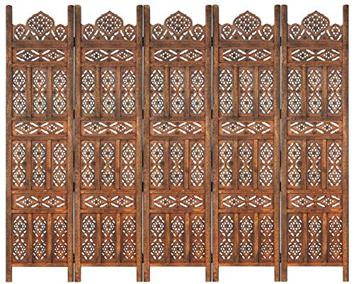Tidyard Paravent Holzornament Raumteiler 5-TLG. Handgeschnitzt Klappbar Trennwand Paravent Spanische Wand Sichtschutz Braun 200×165 cm