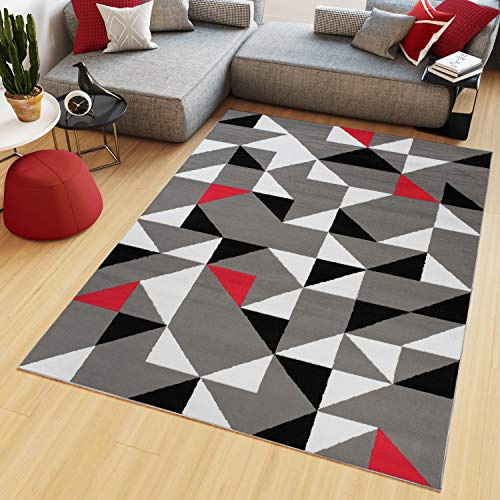 TAPISO Maya Teppich Kurzflor Grau Weiß Rot Schwarz Geometrisch 200 x 250 cm | Wohnzimmer Schlafzimmer Modern Dreiecke Esszimmer Büro oeko-tex