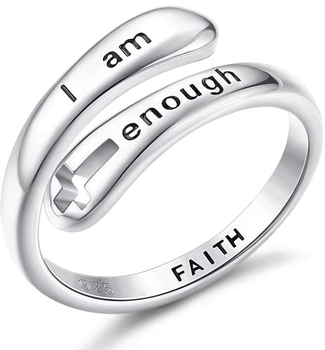 Finrezio 925 Sterling Silber Ringe für Damen Herren I am Enough Inspirierende Ringe Glaube Christian Kreuz Ermutigung Statement Ringe Einstellbar