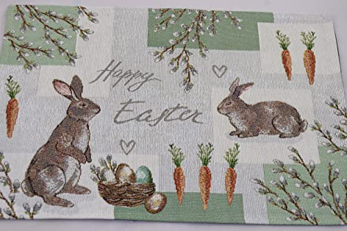 Sander Platzset Tischset King Carrots Gobelin Ostern Frühling Hasen Möhre 32 x 48cm Artikel 75064 Fb. 40 Creme grün orange Hase Happy Easter Weide Ken Federn Weide 70% Baumwolle
