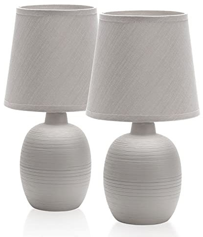 LED Universum 2er Set Tischleuchten Tischlampen Nachttischlampen Leseleuchten mit Stoffschirm grau E14 Sockel Keramik-Fuß rund grau - 6940