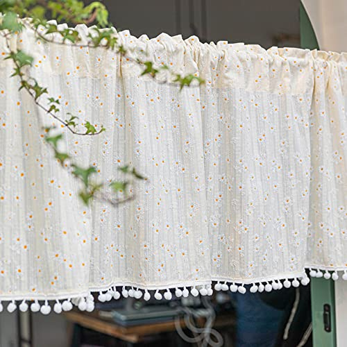 A.Monamour Gardine Scheibengardinen Kurzstores Halbtransparente gelbe Gänseblümchen Bestickt Aus Baumwolle Mit Pom Poms Kurzgardinen Küchengardine Küche Vorhang Fenster Kurz Stores Bistrogardine