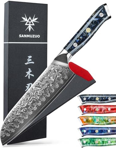 SANMUZUO Damas Couteau de Santoku avec Lame 18 cm Professionnel Couteau de Cuisine en Japonais VG-10 67 Couche Damas Acier avec Poignée en résine(Noir étoilé) - Xuan Série