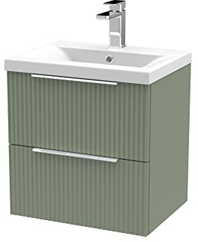 Hudson Reed DFF892A Fluted Modern Bathroom Wall Hung 2 Drawer Vanity Basin Unit with Mid-Edge Ceramic Basin, 500mm, Satin Green