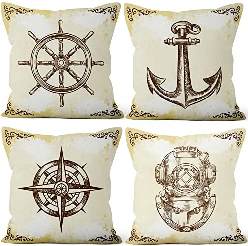 Aoihrraan 41x41cm 4er Set Dekorativ Mittelmeer Stil Kissenbezug Retro Nautisch Anker Ruder Couchkissen Segelschiff Nostalgisch Zierkissenbezug Quadratische Dekokissen Schlafzimmer Draussen Sofa