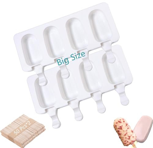 Atsmoce Moules à Crème Glacée en Silicone, 2 Pièces Moule Glace 4 Cavités, Moules à Glace Réutilisables, Faciles à Démouler, sans BPA, avec 100 Bâtonnets en Bois (Ovale et ondulation)