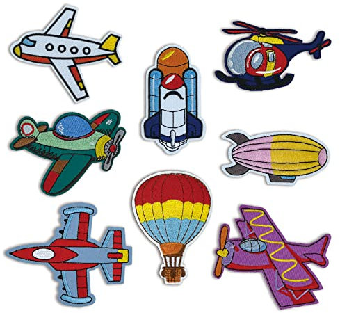 8 Stück Bügel Patches Kinder - Flugzeug Hubschrauber Aufnäher, Bügelflicken Applikation zum aufnähen/aufbügeln für Jacken Tasche T-Shirt Jeans Backpack
