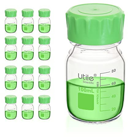 Utile Glass Round Media Storage Bottles, 12pcs of Vol.100ml, 3.3 Borosilicate Glass Material, With GL45 Polypropylene Screw Cap in Green Color, Type B Cap， 4038.0100.12