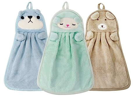 Juego de 3 Toallas de Terciopelo Coral Con Lazo para Colgar - Cocina, Baño y Niños - Absorbentes