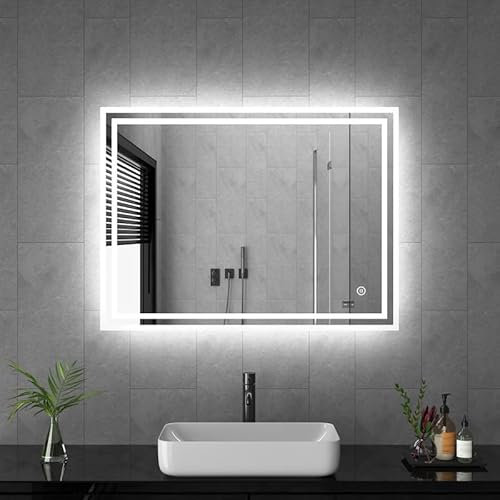 Goezes LED Badspiegel mit Beleuchtung 60x80cm Lichtspiegel Badezimmerspiegel 3 Lichtfarbe Dimmbare 3000-6500K Kaltweiß Warmweiß LED Bad Spiegel mit Beleuchtet, Schminkspiegel mit Touchschalter