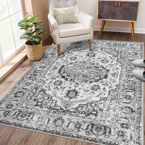 CAROMIO Klassischer Vintage Tradition Teppich, rutschfest Wasser & Schmutzabweisend Waschbar In & Outdoor Teppich Kurzflor mit Orient Design Teppich für Schlafzimmer Wohnzimmer 160 x 230 cm Gray