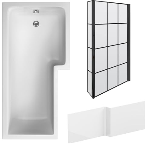 Balterley 1700 x 850mm L Shape Shower Bath with Leg Set, Black Grid Fixed Return Shower Screen & L Shaped Bath Panel, Right Hand Single Ended Gloss White Soaking Baths, Acrylic Baths (White)