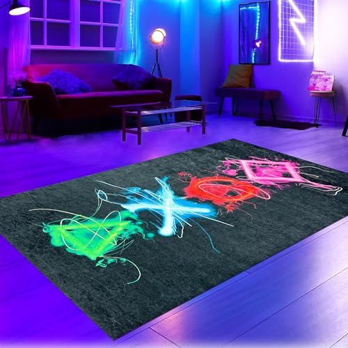 CARPETIA Gamingteppich farbecht leicht zu pflegen antirutsch langlebig leuchtende Neonfarbene Symbole in bunt, 200 x 290 cm