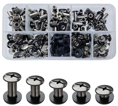 SHSMPXOY 100 Set Rivetti a Vite, Rivetti Chicago M5*4/6/8/10/12mm Viti Chicago Screws Chicago Book Viti Chicago di ricambio in Metallo per Borse, Libri, Collari, Zaini, Guinzagli (Nero lucido)