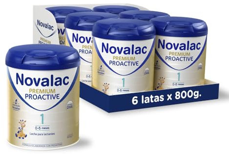 Novalac Premium Proactive 1 Leche de Inicio para lactantes 0-6 Meses. Contribuye al Desarrollo Normal y del sistema inmunitario del Bebé. Fórmula Elaborada con Pediatras, 6 x 800 g