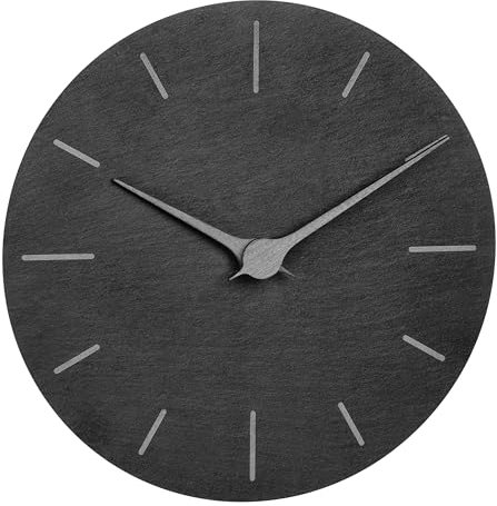 TFA Dostmann Moderne Wanduhr Schiefer, 60.3068.54, ohne Tickgeräusche, mit Walnuss Holz Zeigern, Quarzuhr, 25 cm, zum Hängen (schwarz, Silberne Zeiger)