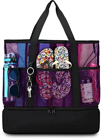 UYLIA 8 Taschen Tote Mesh Strandtasche Damen Groß Faltbare mit Wasserdichter Kühltasche für Spielzeugaufbewahrung Strand Reise Picknick, Shopper Handtasche Badetasche Umhängetasche(Lila)