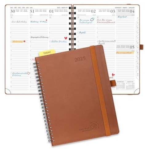 POPRUN Kalender 2025 Wochenplaner Ringbuch mit Softcover, ca. A5 (22 x 16,5 cm), 12-Monate-Terminplaner (Jan.2025-Dez.2025) 1 Woche 2 Seite mit 100 GSM Zertifiziertem Papier - Braun