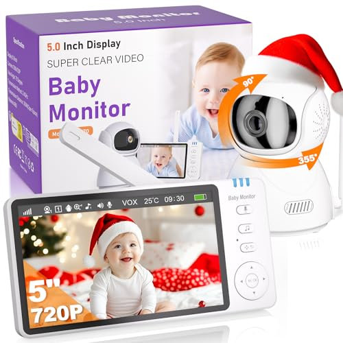 OBVHNUA Babyphone mit Kamera 5 Zoll 720p HD Video Babyphone 2X 4X Digitalzoom Zwei Wege Audio VOX Modus Nachtsicht Temperaturüberwachung 8 Schlaflieder 5 Wecker