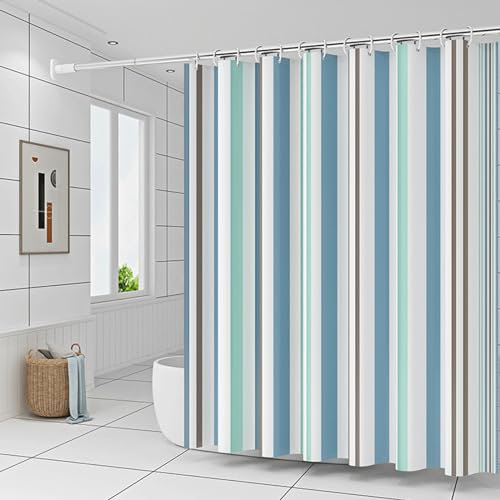 ANAZOZ Tenda da doccia 300 x 200, tenda da doccia blu e bianco a righe, tenda da doccia Peva lunga, antimuffa con occhielli e anelli