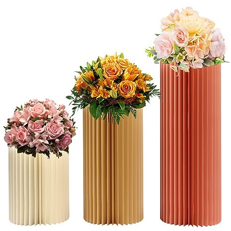 3PCS Hochzeit Karton Blumensäule Vasen, Faltbarer Blumenständer Dekosäule Weiß Zylinderförmige Blumenständer für Hochzeit Verlobung Geburtstag Tischdekoration, Mischfarben