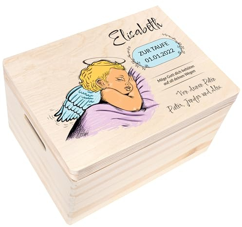 Creative Deco Personalisiert zur Taufe Geschenk für Mädchen und Junge | Mehrere Taufe Motive | Holzkiste Erinnerungsbox Deko | Individuelle Geschenk Spielzeugkiste Holzbox mit Deckel | Spardose