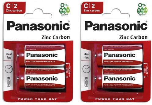 PANASONIC Pack of 2 Blister Packs of 2 Red Zinc-Carbon C Batteries R14-1.5 V