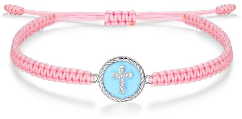 J.Endéar Kreuz Armband Silber 925 für Damen Mädchen, Schnur Filigran Geflochtenes Armband Handgemachte Marineblau Emaille Anhänger, Glaube und Liebe Schmuck Geschenk, Rosa