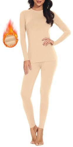 SIMIYA Damen Thermounterwäsche Set, warme Unterwäsche mit Innenfleece, Ultraleicht Unterteil und Oberteil lang Funktionsunterwäsche U Ausschnitt Skiunterwäsche für Winter,Beige,M