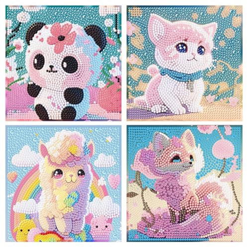 Rongxze 4 Stück Diamond Painting, DIY 5D Diamond Painting Kinder Tiere Set, Full Zubehör Diamant Painting DIY Mosaikherstellung Basteln für Kinder und Erwachsene Geschenk Home Wand Decor (15x15cm)
