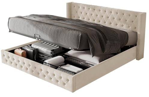 Merax 4FT6 Double Bed Ottoman Bed with Storage, Upholstered Storage Bed with Hydraulic Lever, 135 * 190CM, velvet, beige(Double, No Mattress)