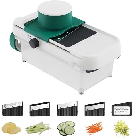 linoroso Adjustable Mandoline Food Slicer 5 in 1, Mandoline Slicer for Kitchen with Container, Vegetable Chopper Shredder Wave Cutter for Potato, Carrot, Zucchini, Grindder for Cheese Lemon