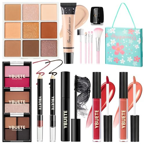 YBUETE Make-up Set für Teenager, Mädchen und Frauen - Tragbares Reise-Kosmetik-Set für Anfänger und Profis mit Foundation, Lidschatten-Palette, Lippenstift, Eyeliner und Mascara