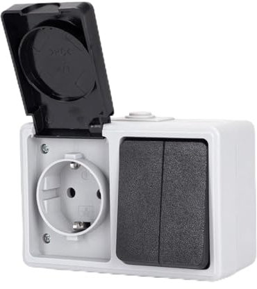 Interruptor y enchufe de montaje en superficie, 2 llaves, 2 vías, color gris; ideal para controlar luces y conectar dispositivos eléctricos.