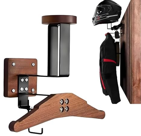 Gevvnss Motorrad Helm Halterung Wand,Helmhalterung Wand aus Holz & Metall | Platzsparende Motorrad Garderobe für Motorradhelm, Taktische Weste, Jacke & Zubehör – Einfache Montage