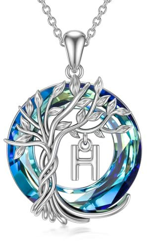 TOUPOP Lebensbaum buchstaben Kette 925 Sterling silber Baum des Lebens Anfangsbuchstaben Anhänger Blau Kristall Kreis Schmuck Geburtstag Geschenk für Damen Mama Ehefrau Freundin Sie