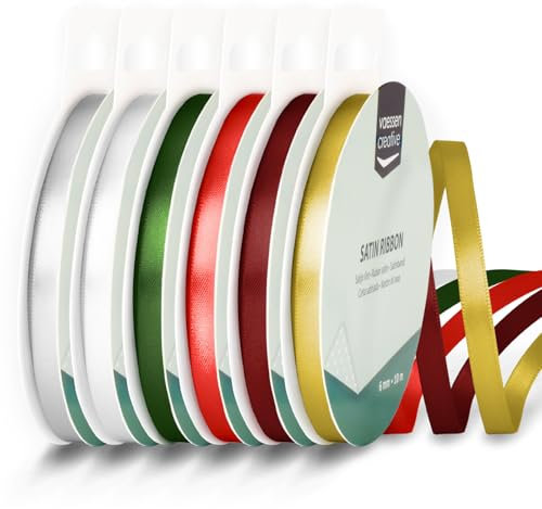 Vaessen Creative Satinband 6 mm x 10 m - Doppelseitiger Schleifenbänder und Dekoband zum Basteln - Geschenkband und Stoffbänder für Deko und Schateln - Weihnachten Farben Bunt - 6 Stück