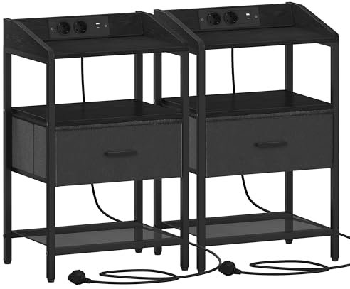 Hzuaneri Nachttisch 2er Set, Beistelltisch mit Steckdose, Nachttische mit 1 Stoffschublade und Offenes Fach, für Schlafzimmer, Wohnzimmer, 30 x 40 x 68 cm, Schwarz NS30304BEU