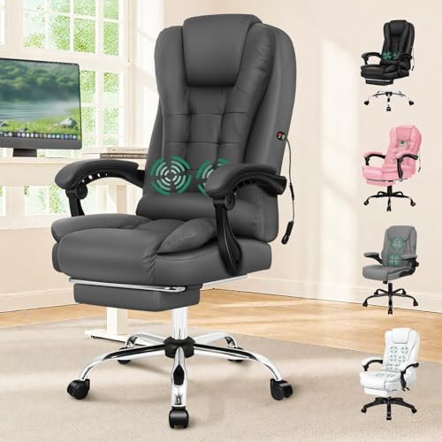 ELFORDSON 2-Point Massage Office Chair for Home, PC Gaming Chair with Footrest and Lumbar Support, High Back 150° Reclining Executive Desk Chair with Padded Armrest, PU Leather, Grey